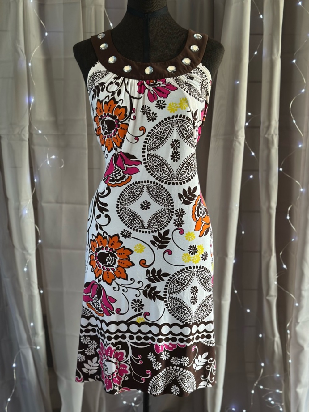 Y2K Candies Floral Geometric Multicolor Dress Large Rhinestone Detail Sz M